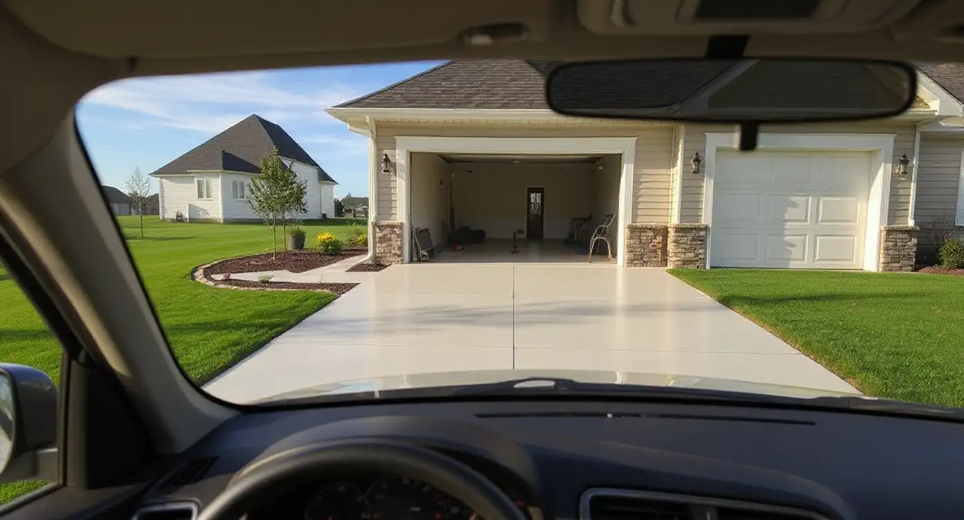 Through-the-windshield view pulling into a beautiful concrete driveway — the feeling of coming home