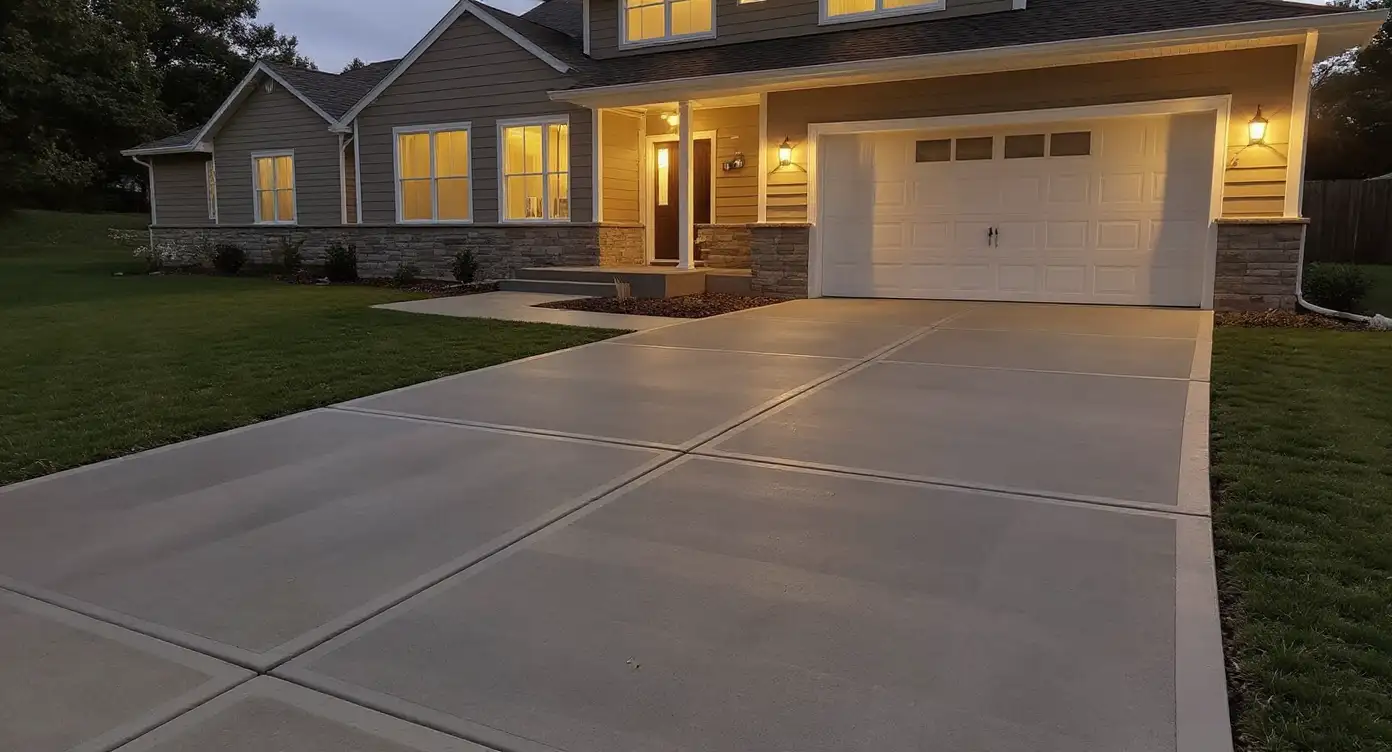 Smooth finished driveway on a modern farmhouse-style home