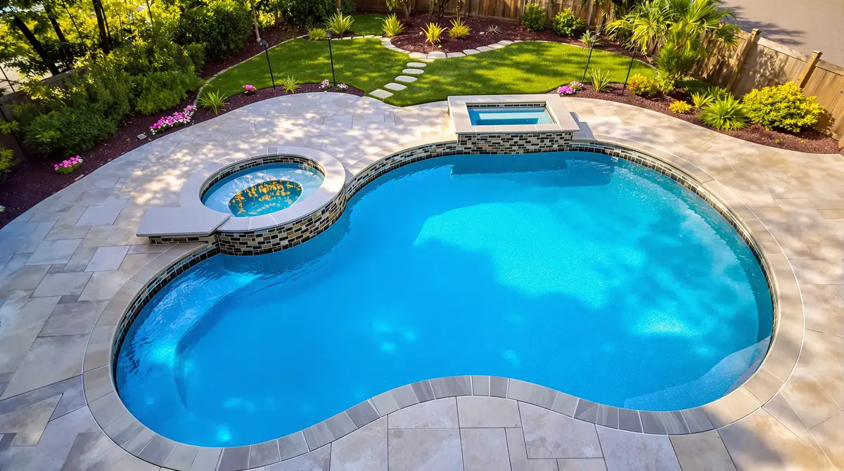 Family enjoying a backyard fiberglass pool in Kansas City during summer