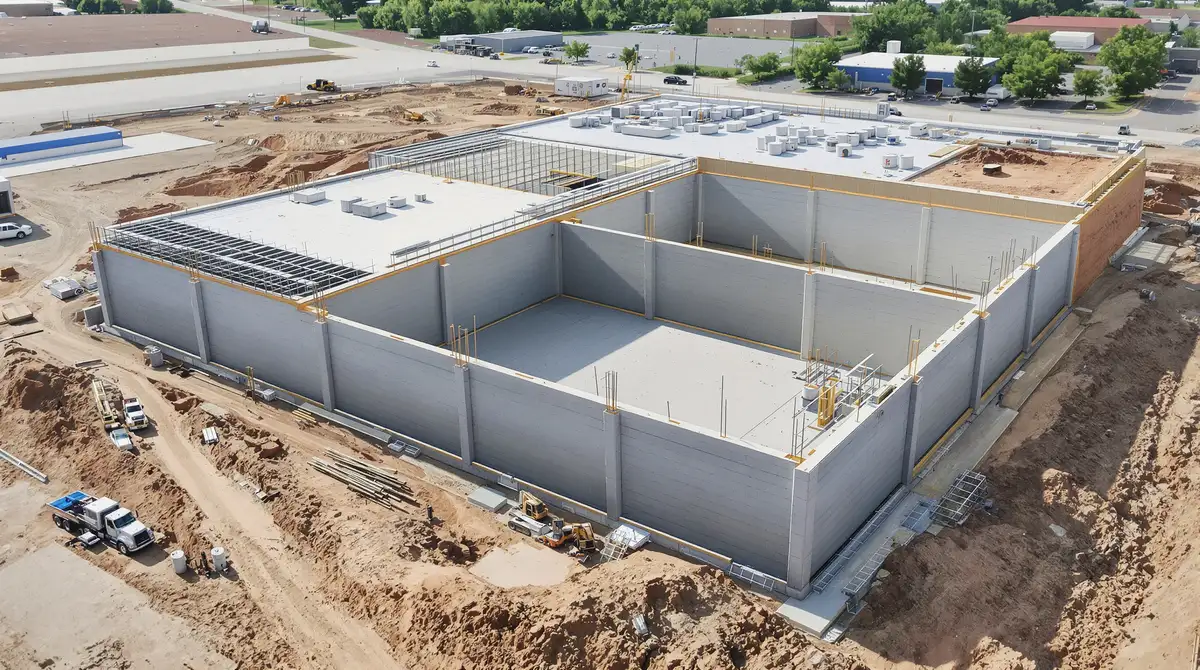 Aerial view of a commercial foundation project under construction in Kansas City — Ford Concrete